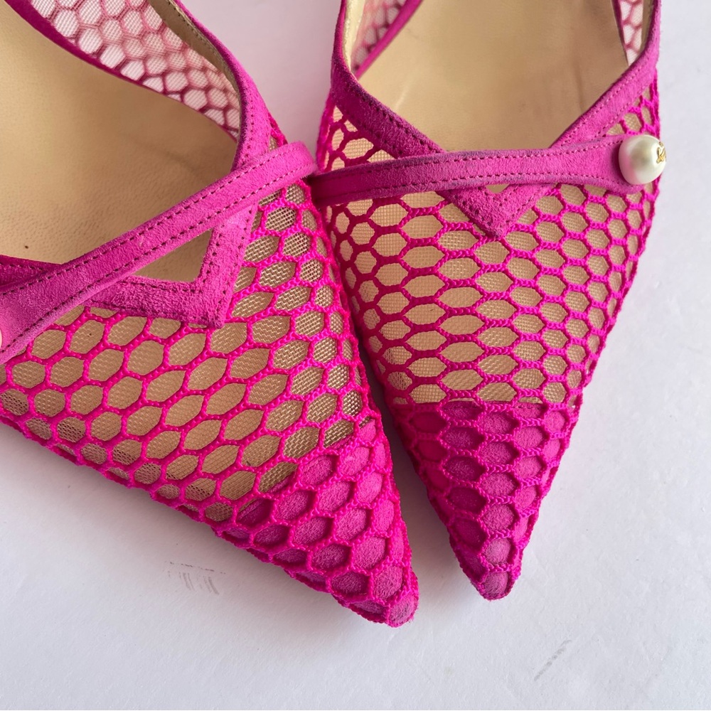 Jimmy Choo Amita Pink 45 Mesh Slingback Kitten‎ Heels with pearls - Picture 2 of 8